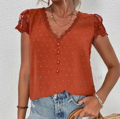 SheIn Frenchy Swiss Dot Guipure Lace Detail Embroidered Mesh Blouse Rust Orange