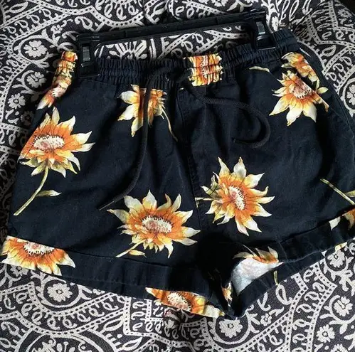 Sunflower Floral Print Rolled Cuff Cotton Shorts With Elasticized Drawstring Black Size undefined
