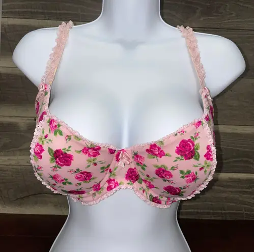 Smart & Sexy Lightly Padded Floral Lace Detail Bra Pink Green Cream Size 40DD