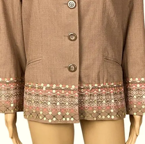 VICTOR COSTA “OCCASION” light Brown blazer w/embroidery and sequins. Medium. EUC