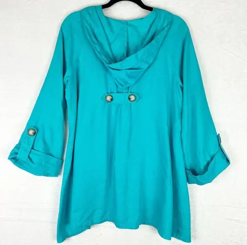 For Cynthia Linen Hooded Jacket Size Small Blue High Low Lagenlook