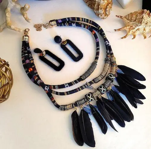Tribal Boho Blue Feather Statement Necklace Set