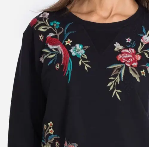 Johnny Was Black Gen French Terry Mix Pullover XXS Red Bird Embroidery