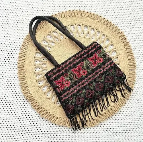 Vintage Black Satin Red Floral Top Handle Evening Bag Beaded Fringe Small Boho