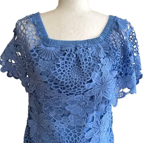 Mimi Chica  Dress Blue Lace Crochet Off Shoulder Short Sleeve Mini Dress Medium