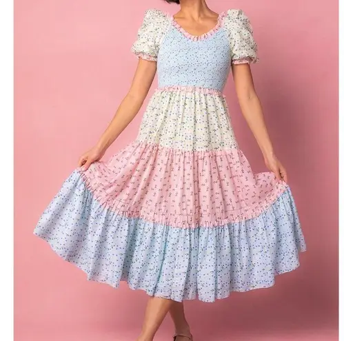 Ivy City Co Emily Patchwork Smocked Shirred Puff Sleeve Tiered Midi Dress Large Blue