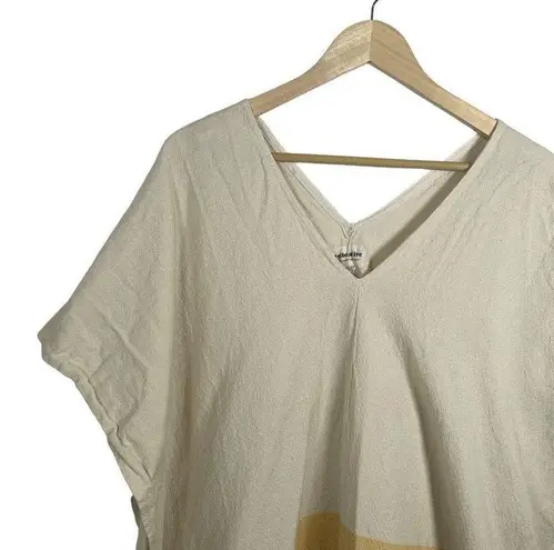 Tribe Alive Handmade Cotton Stripe Fringe Kaftan Poncho in Ivory/Pink OS