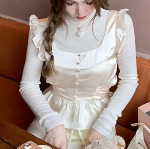 Japanese Kawaii Style Ivory Silky Ruffle Buttoned Pelpum Tank Top Blouse