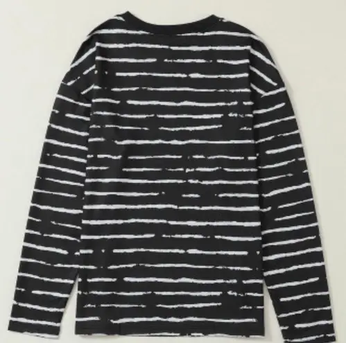 NEW Black Long Sleeve Casual Crewneck Top with White Abstract Stripes Size L