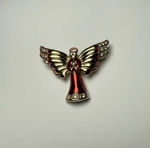 Monet Winged Angel Red Enamel Rhinestone Brooch Pin Gold Tone Signed
