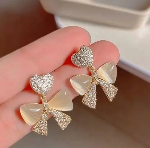 925 Silver Post Crystal Bow Stud Earrings for Women Gold
