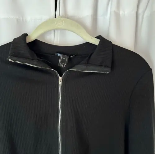Solid Black Athletic Y2K Zip Up Slim Fit Crop Long Sleeve Top Size Large