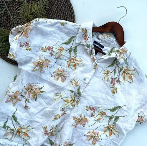 Rachel Roy Rachel Womens Shirt Cream Floral Button Up Boxy Linen Size Medium