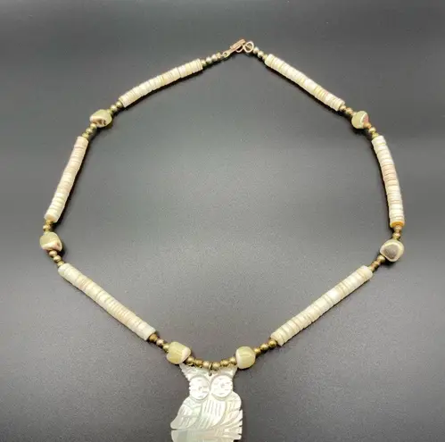 Vintage carved shell owl w/ Heishe shell necklace, matching screw back earrings White