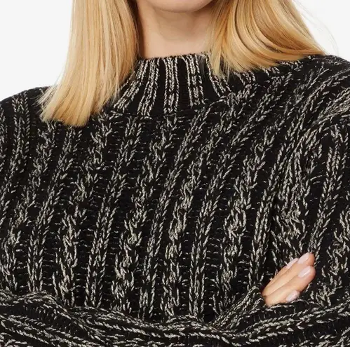 Blanc Noir® Lurex Cable Knit Sweater Size Large Black Silver Crew Neck NEW