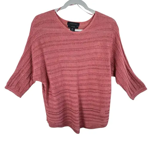 Tahari 100% Linen Pink 3/4 Dolman Sleeve Open Knit Lightweight Sweater Size S