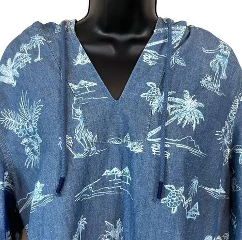 Tommy Bahama  Hula Hut Tropical Print Baja Blue Linen Blend Hoodie