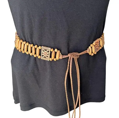 Vintage Womens Leather Wood Beaded Belt Macrame Style Boho, Sz S