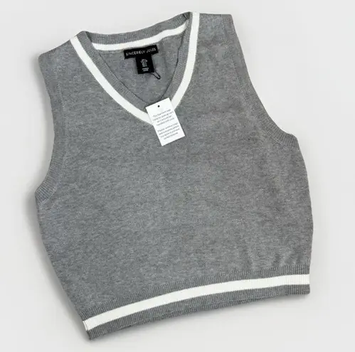 Sincerely Jules Cropped Gray Sweater Vest White Trim V Neck Knit Top Size L Size L