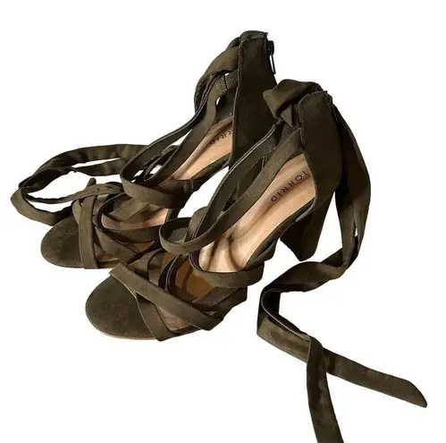 Torrid  Ankle Wrap Strappy Chunky Heel Sandals Olive‎ Green Lace Up Size 10.5 W