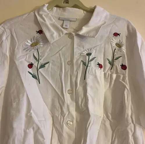 Dress Barn  Embroidered Floral White Button down Shirt Size 18W Linen blend