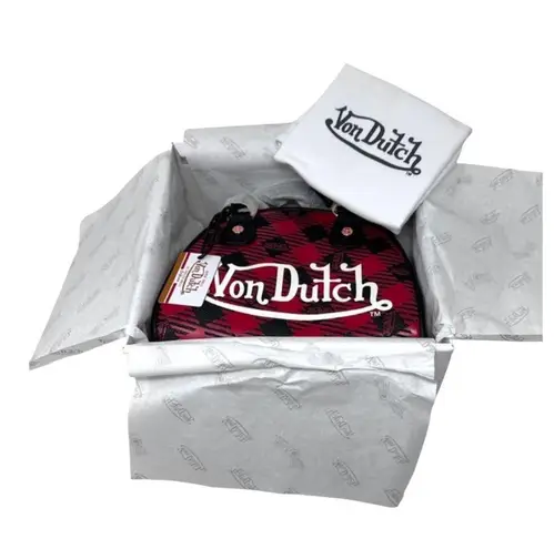 Von Dutch NEW Red & Black Plaid HANDBAG Bowling Bag Crossbody Satchel Purse NWT