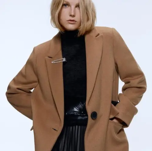 ZARA Camel Masculine Wool Single Breasted Coat sz Large - Image 4