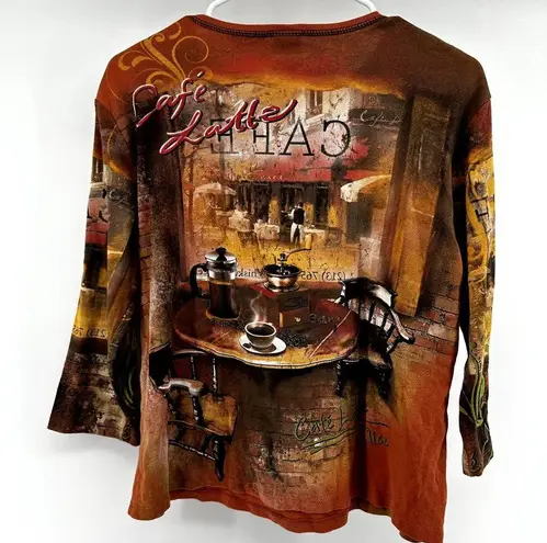 Jess & Jane Cafe Window Latte Rhinestone T Shirt Graphic Print Y2K Orange Large