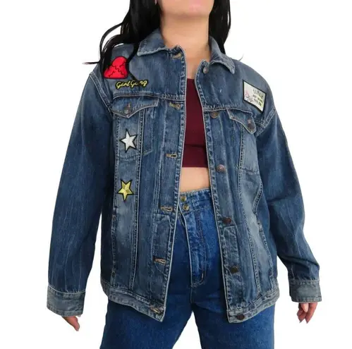 EXPRESS Y2k Vintage  Jean Jacket with Patches Medium Heart Kidcore Retro Denim