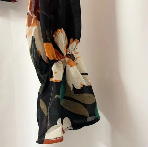 Black Square Neck Cottagecore Floral Chiffon Blouse With Ruffle Sleeves Top Multiple