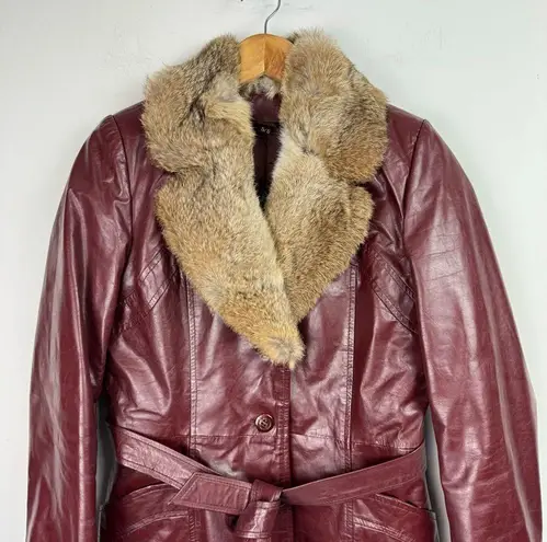 Vintage Leather Rabbitt Fur Trim Trench Tie Jacket Sz 5/6 Maroon Y2K Mob Wife Red