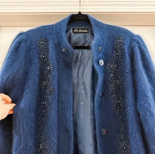 Vintage Lee Sands Angora Rabbit Beaded Floral Embroidered Fuzzy Cardigan Blue Size L