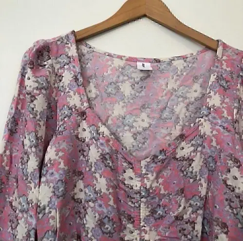 Abound NEW NWT  Cinched Floral Blouse Pink Cream Blue Long Sleeve Crop Top Medium