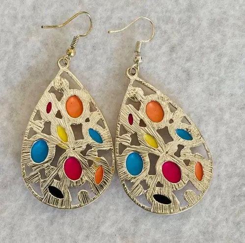 Teardrop Dangle Hook Pierced Earrings Multicolor Faceted Settings Rhinestones