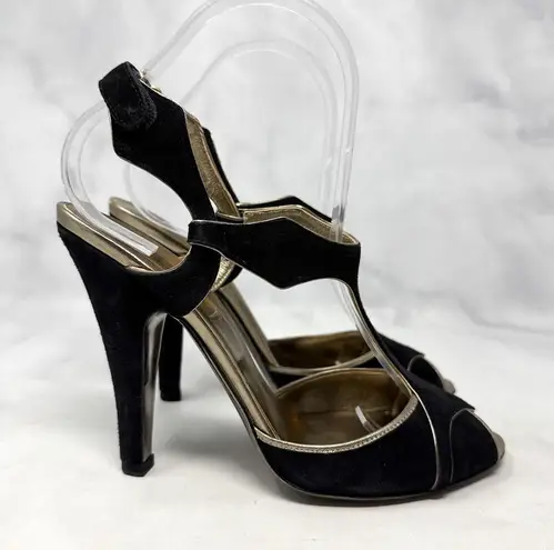 Valentino Garavani Vintage Suede T Strap Side Cut Out Sandal Heel Black Y2K 37.5 Size 6.5