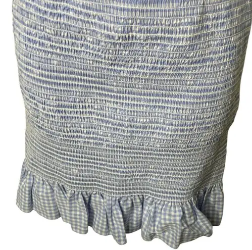 PETERSYN Winona Mini Dress In Azure gingham off shoulder puff sleeves XS Blue