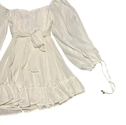 Saints + Secrets White Mini Dress Long Sleeve Back Tie Flowy Ruffle Size Small
