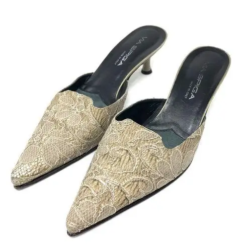 via spiga tan lace mules, made in Italy, size 8.5
