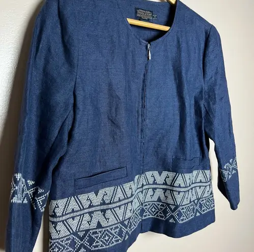 Pendleton CLEARANCE! Blue Aztec Trim Zip-Up Linen Blazer Size MP EUC