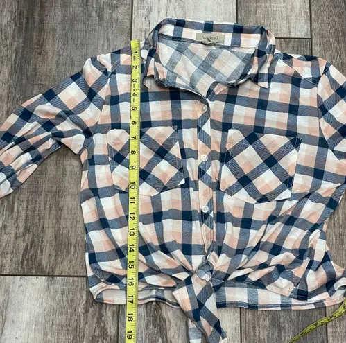 Passport Long Sleeve Button Down Plaid Tie Front Blouse Pink White Blue Medium