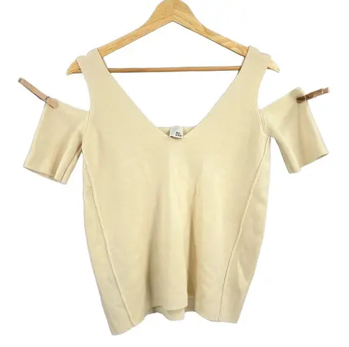 IRIS & INK Wool Sweater Cream Cold Shoulder Knit Top Reverse Seam Short Sleeve S White