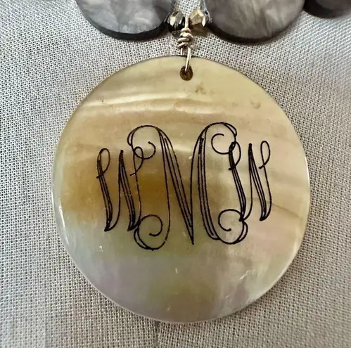 Gray Shell Beaded Monogram Pendant Necklace with Toggle Clasp