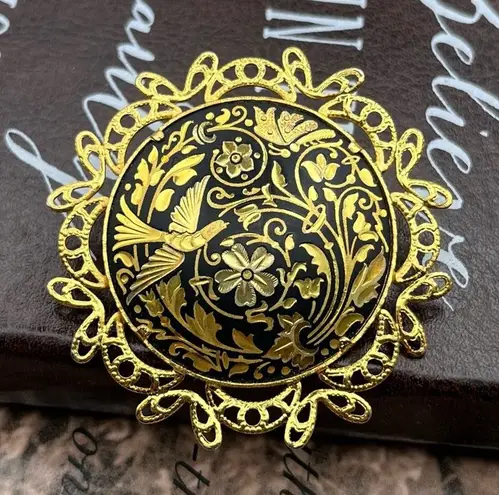 Vintage Spanish Damascene Filigree Bird & Flower Brooch Black Gold Pin
