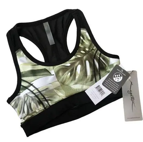 X By Gottex  Mesh Contrast Floral Scoop Neck Racerback Sports Bra XS Green Black