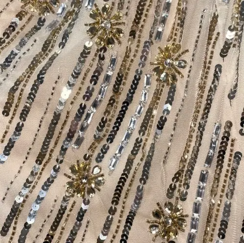 Mac Duggal 93739 Embellished Floral Feather One Shoulder Gown Size 4 Nude Gold