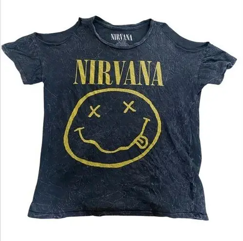 Nirvana 2017 Oversized Black Cut Out Acid Wash Yellow Smiley Face Tee Shirt XS