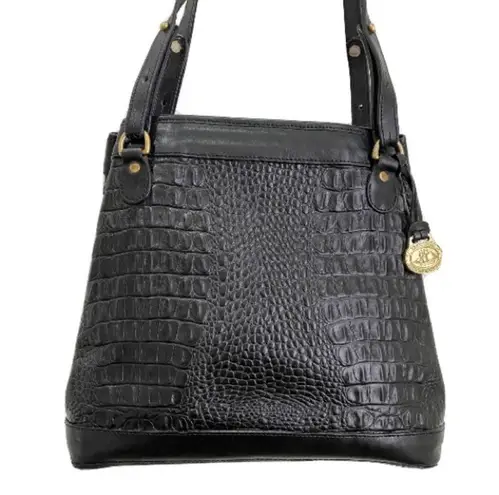 Brahmin Vintage Black Embossed Croc Leather Double Strap Bucket Shoulder Bag