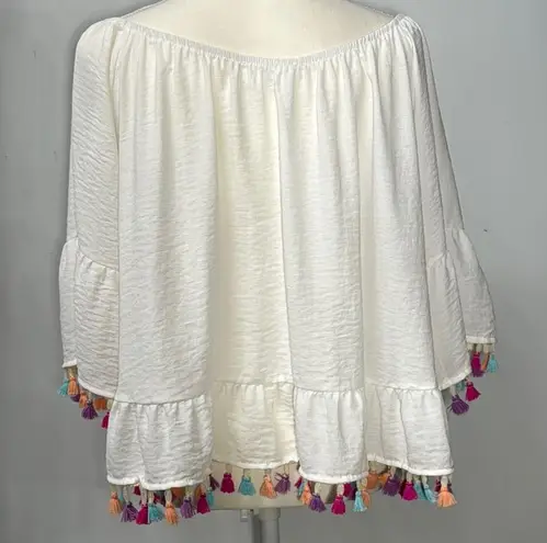 Peach Love California Crop Top Tiered Ruffle Hem Tassel Boho Bell Shape Sleeve