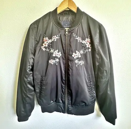 American Eagle  | Members Only Bomber Jacket Black Embroidered Floral | Medium