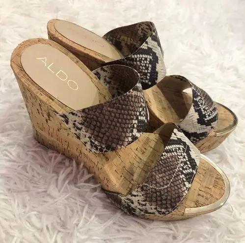 ALDO  Double Strap Snakeskin Cork Wedge Heels 8